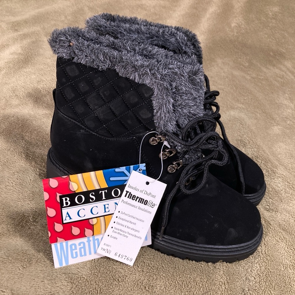 NIB Boston Accent Vintage 80s 90s Weatherproof Faux Fur Lined Boots Black Sz 8M